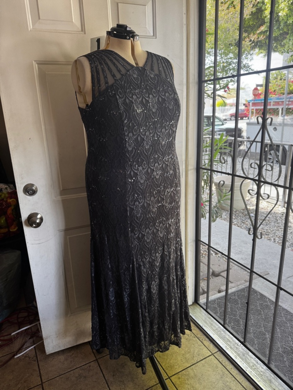 Navy Lace Maxi Dress with Sheer Yoke - Evening Occasion